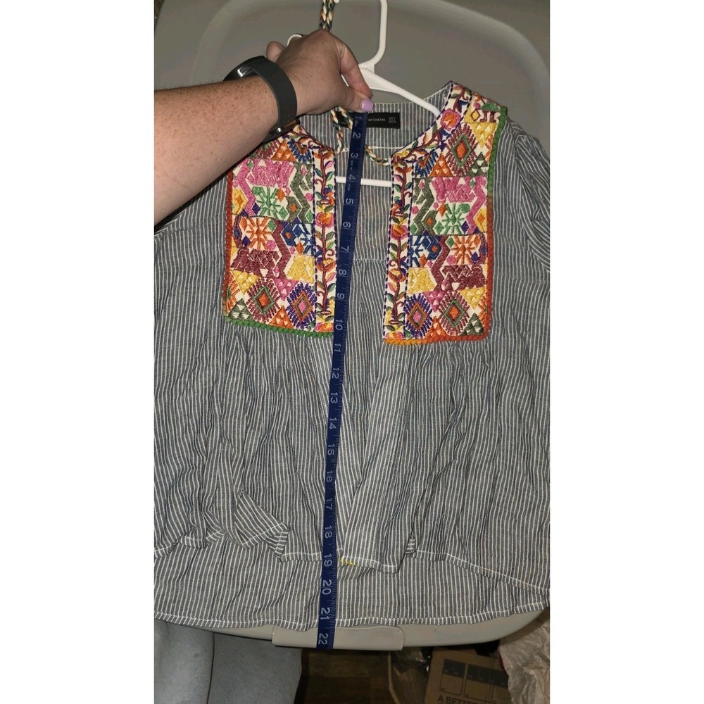 Zara Woman Jacket Blouse Embroidered Boho Pom Pom Blue White Striped Womens Sz S - Picture 9 of 10